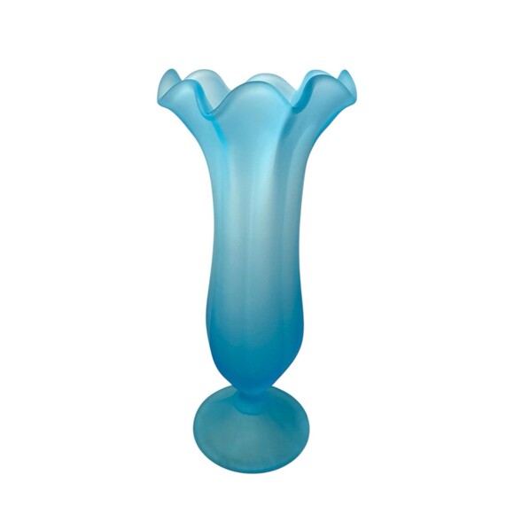 Westmoreland Colonial Glass Vase Blue Frosted Satin Ruffle Rim Round Base 12.5"T - Picture 2 of 11